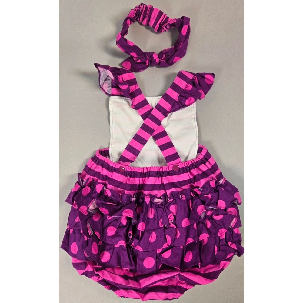 Cheshire Cat Purple Pink Striped Polka Dot Ruffle Romper Baby Girls 18-24M - Picture 2 of 3